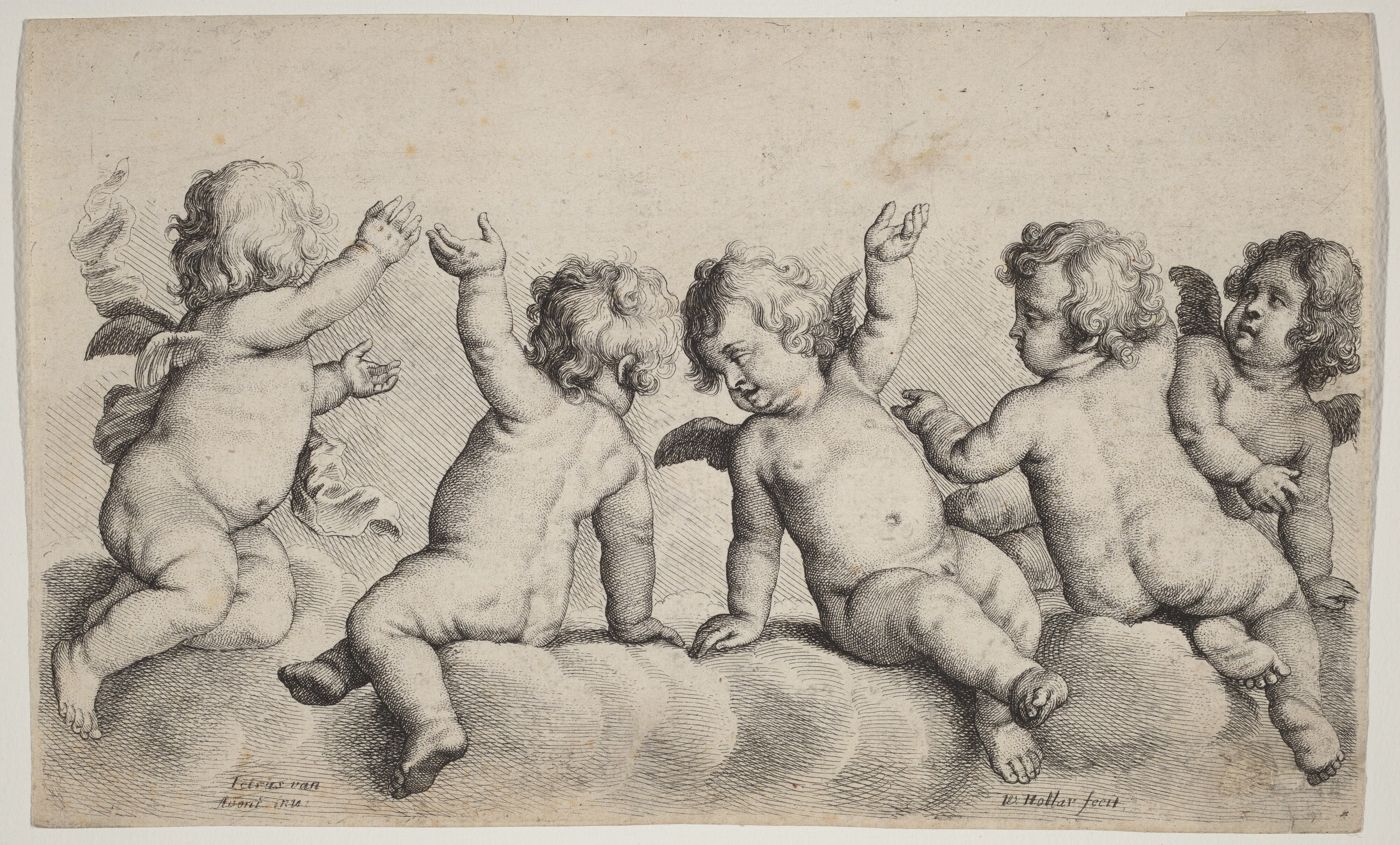 Three Cherubs and Two Boys on Clouds