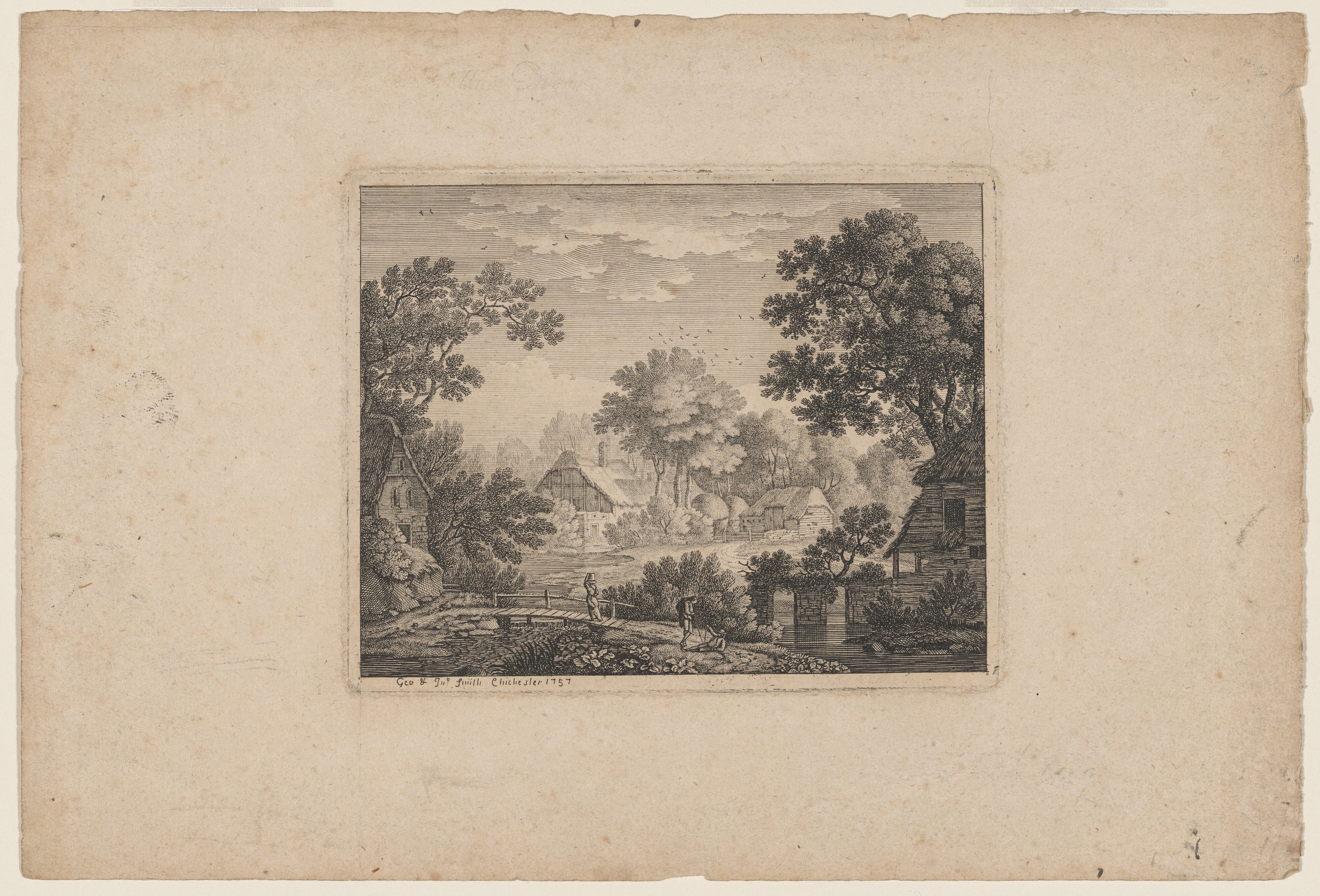 Woodland Village with a Woman on a Footbridge