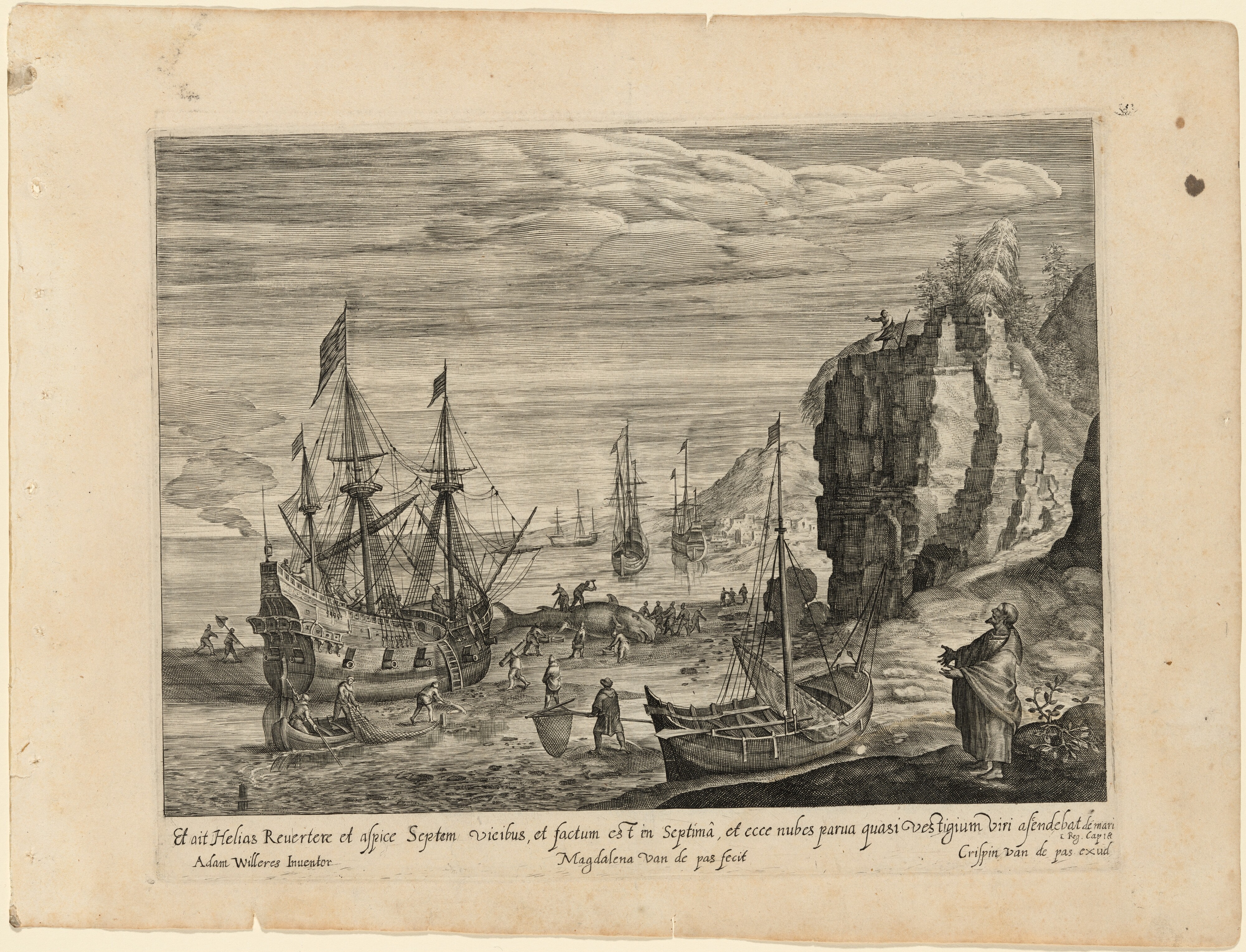 A Beach with Fishermen Cutting Up a Whale and the Prophet Elijah