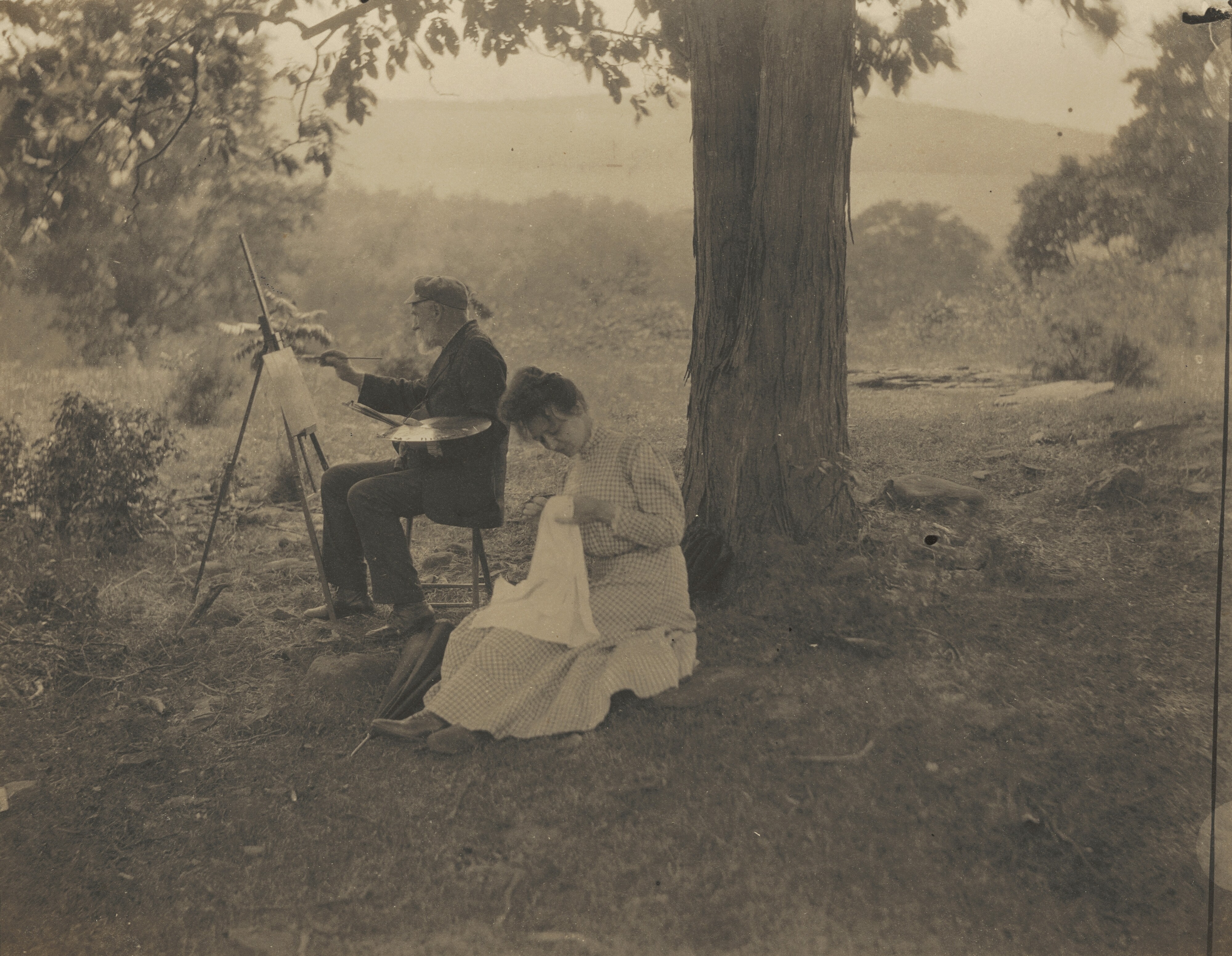Woman Sewing, Man Painting