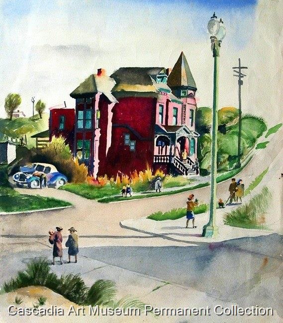 Untitled [Seattle street scene with red house]