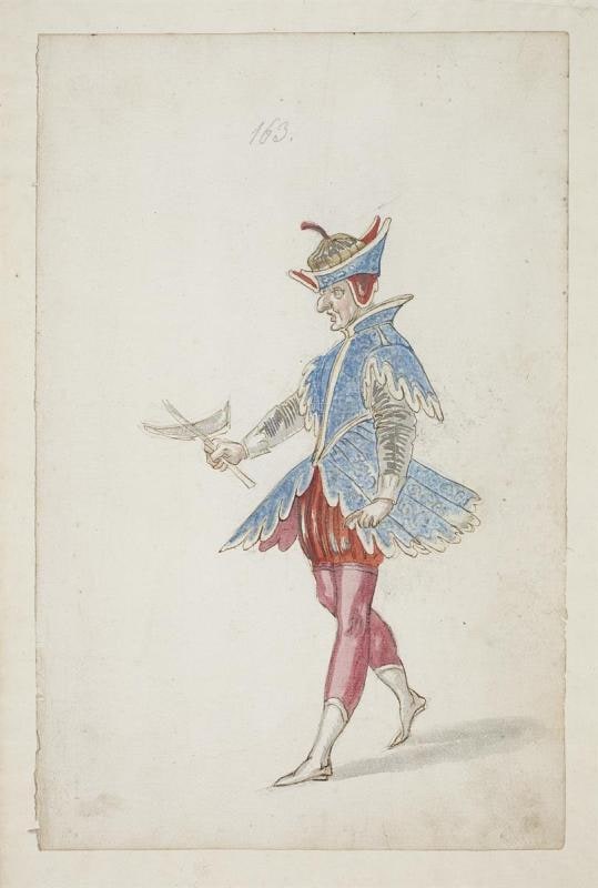Male figure in a blue and red costume from the Ballet des quatre saisons de l'Annee