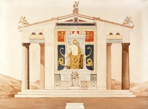 The temple of Aesculapius at Epidaurus: cross-section showing the statue of the deity. Watercolour by G.M. Goring and E. Kenna, 1911, after A. Defrasse.