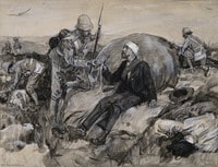 Boer Wars: British soldiers bringing first aid to wounded Boers. Watercolour by W. Hatherell, 1901.