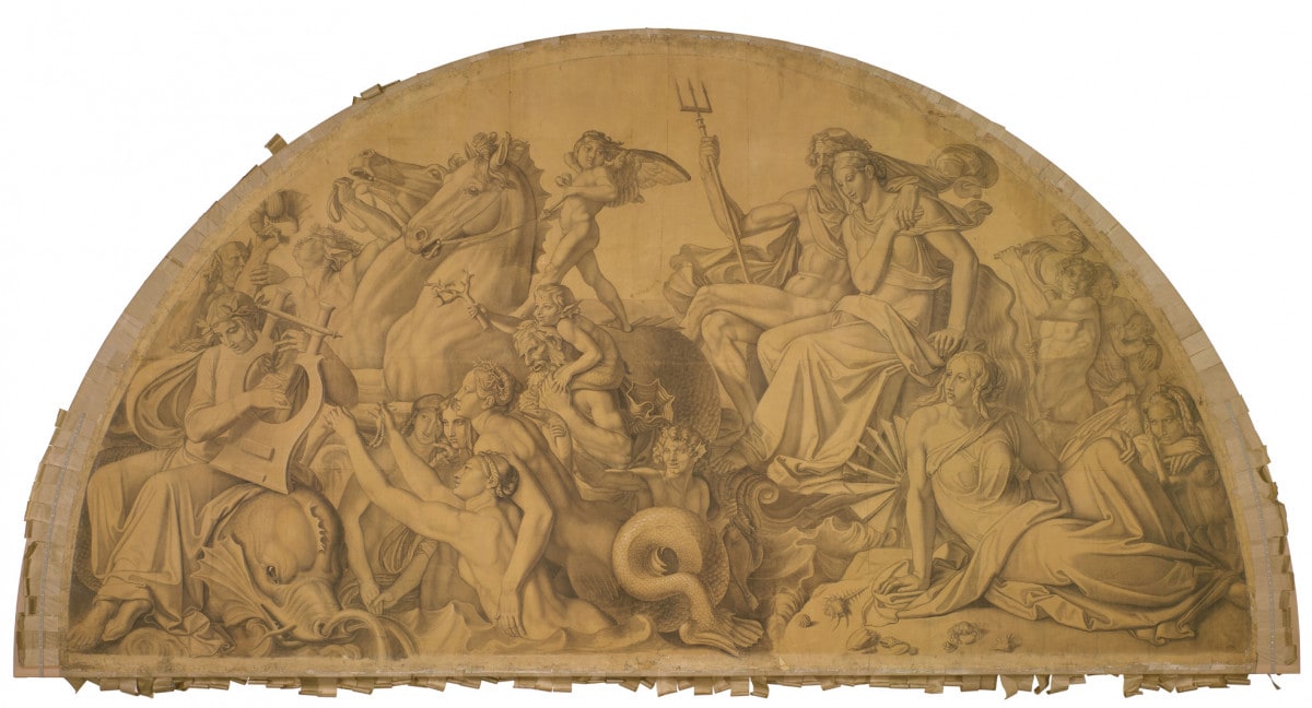 Die Wasserwelt lauscht dem Leierspiel des Arion, Bogenfeld. Karton zu den Deckenbildern der Münchner Glyptothek