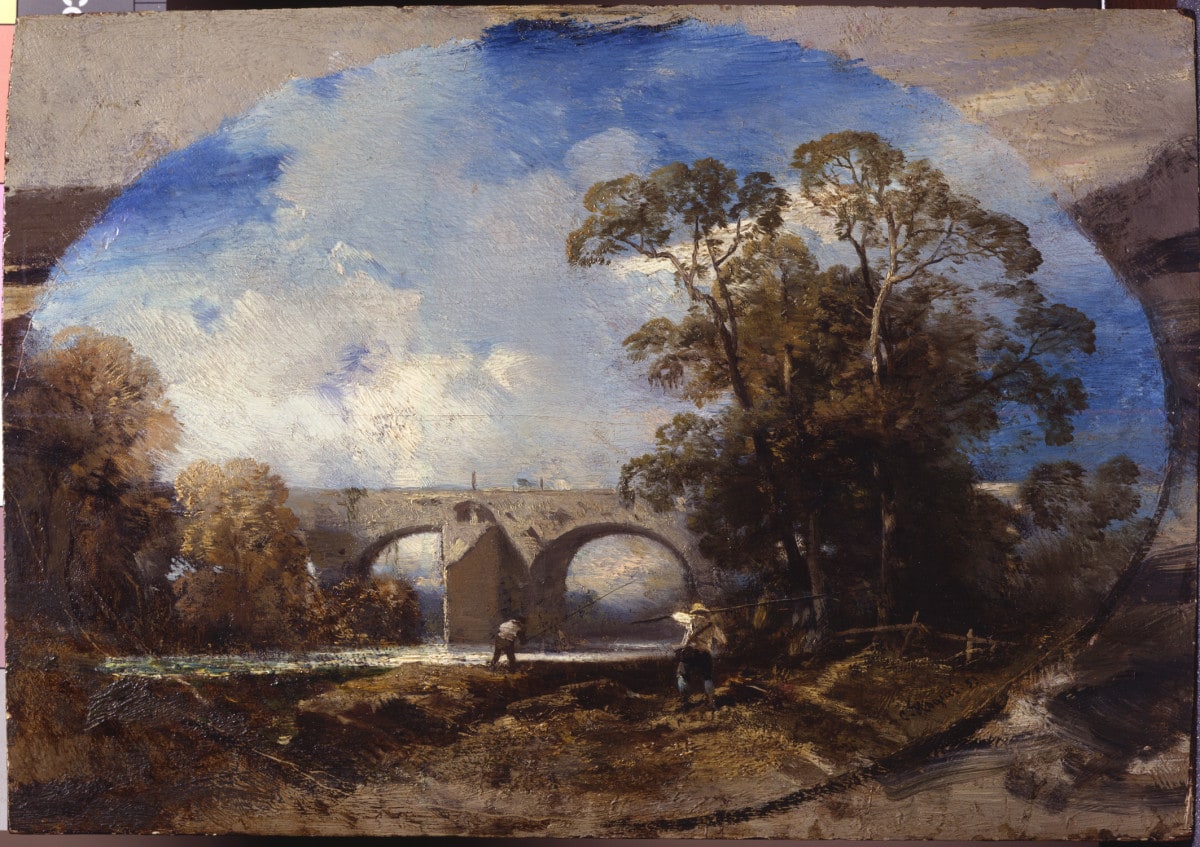 Brücke über einen Fluß mit Bäumen und Figuren