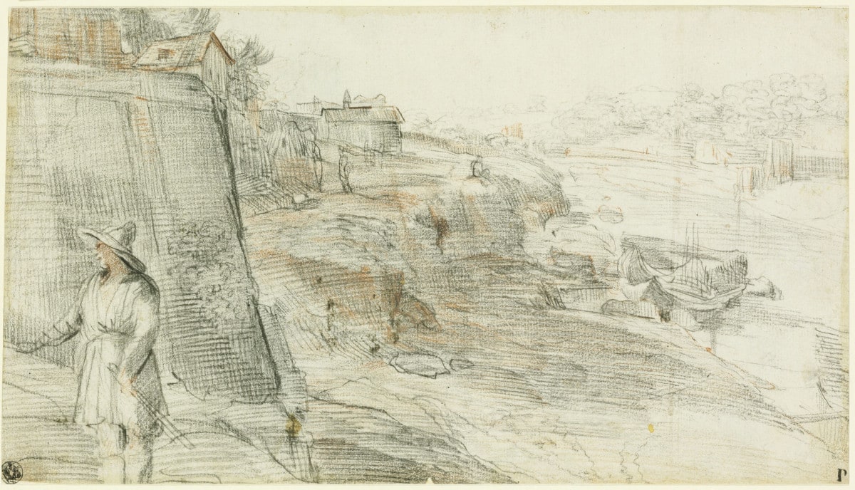 Flußlandschaft mit einem Mann in Vordergrund und Häusern und Booten im Hintergrund