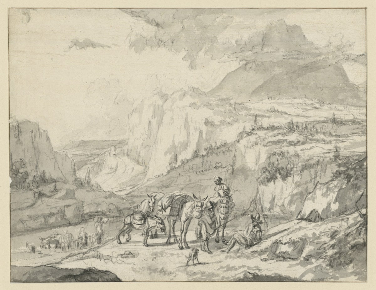 Gebirgige Landschaft, Maultiere und Reiter