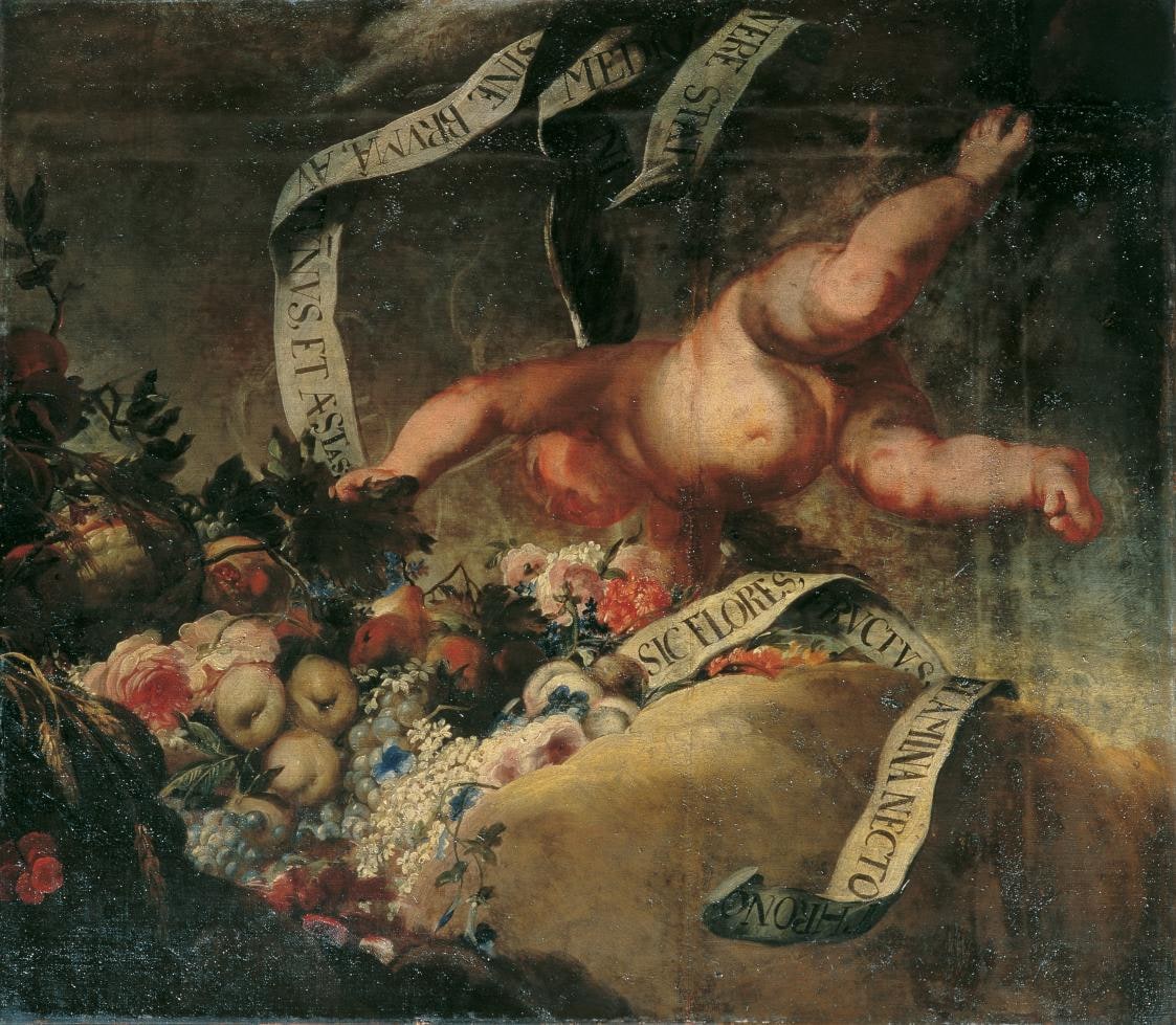 Putto with Flowers, Fruit and Banner
