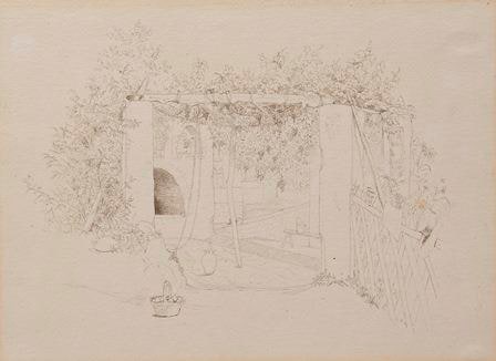 Italian scene of terrace, arbor, and shrine