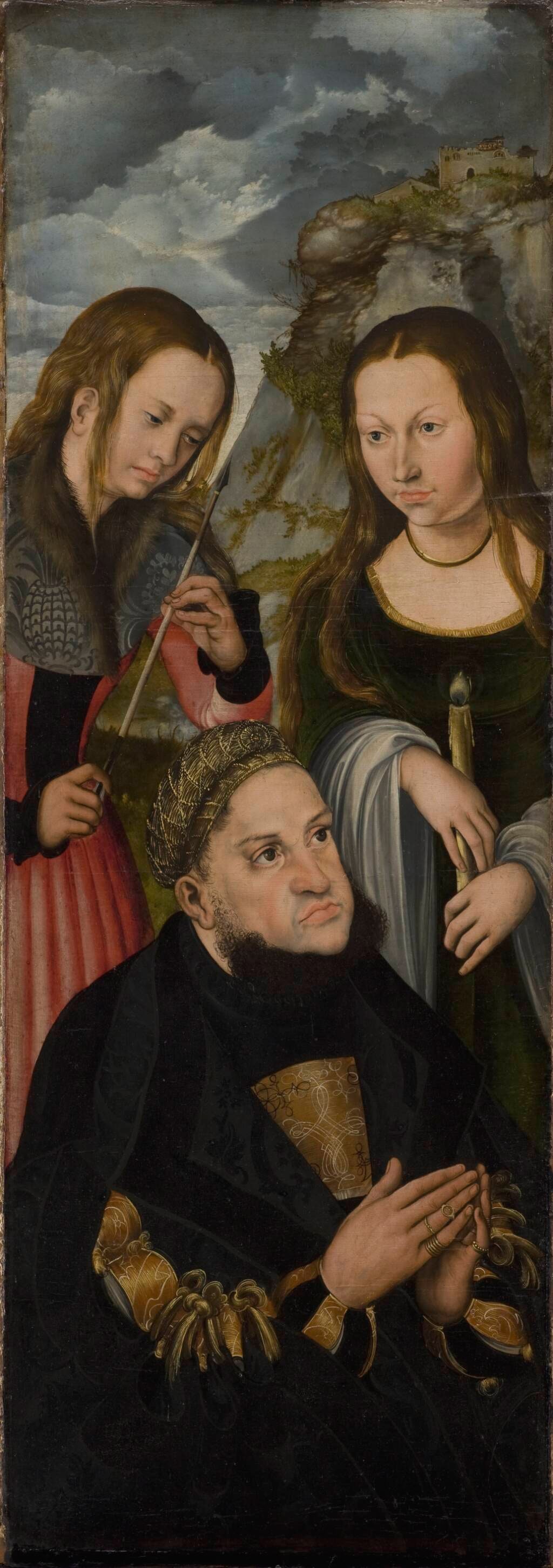 Kurfyrst Frederik den Vise af Sachsen (1463-1525) med helgeninderne Ursula (tv.) og Genoveva (th.)