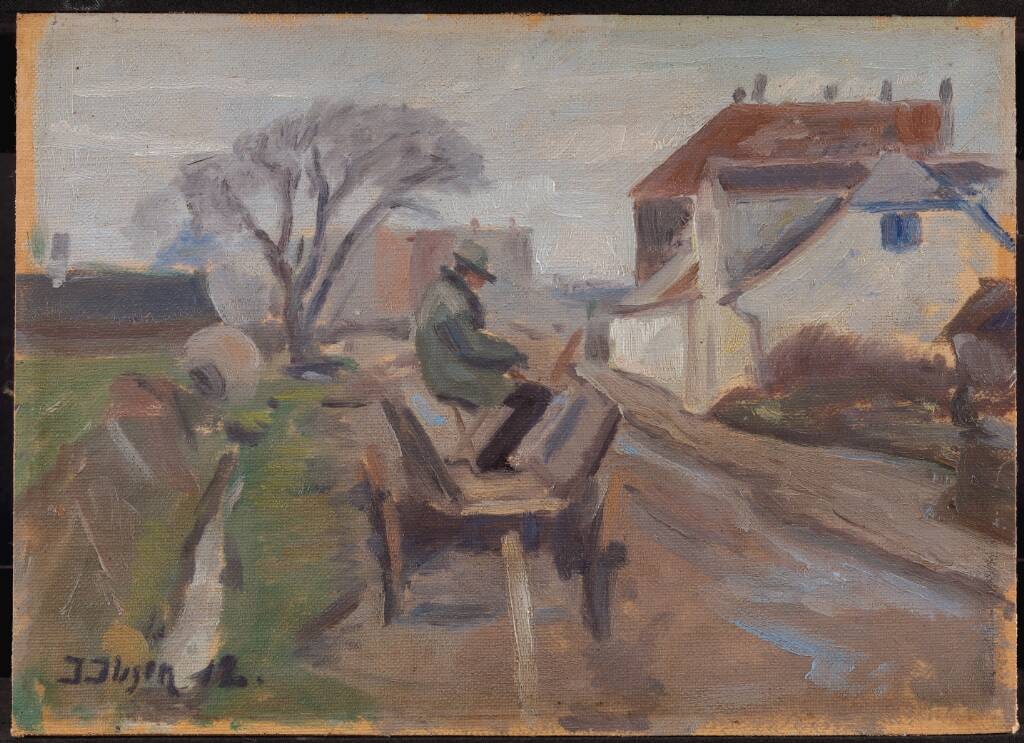 Maleren Ølund-Hansen maler siddende i en vogn