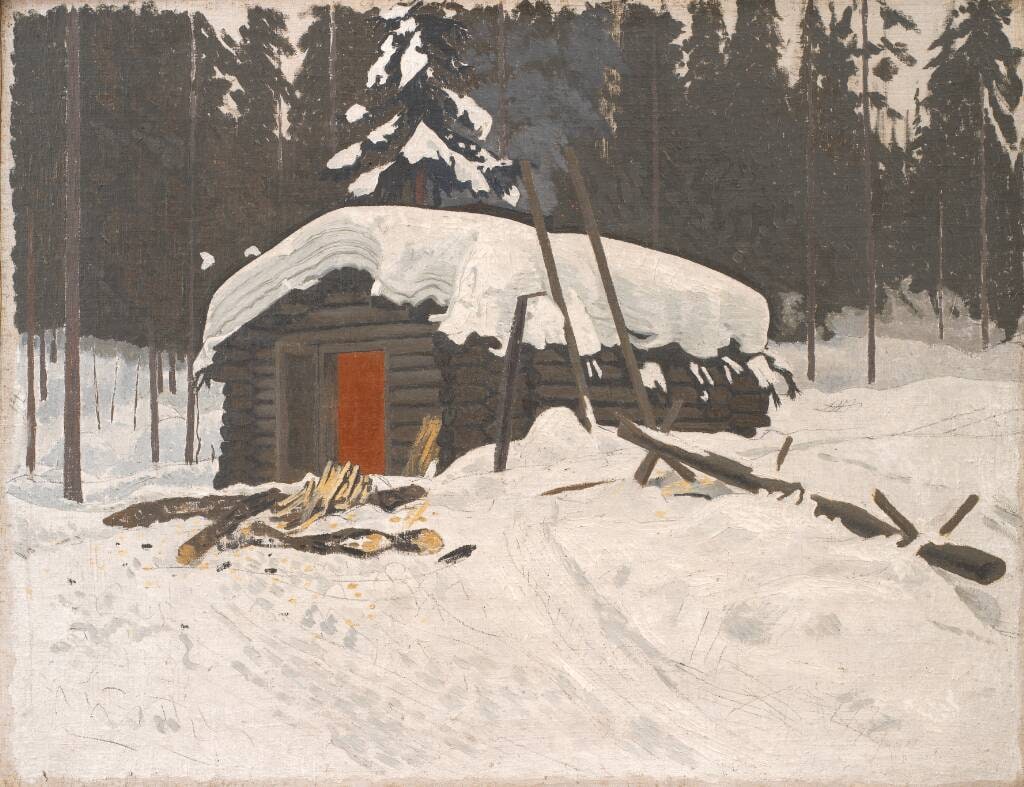 Norsk tømmerkøje med sne