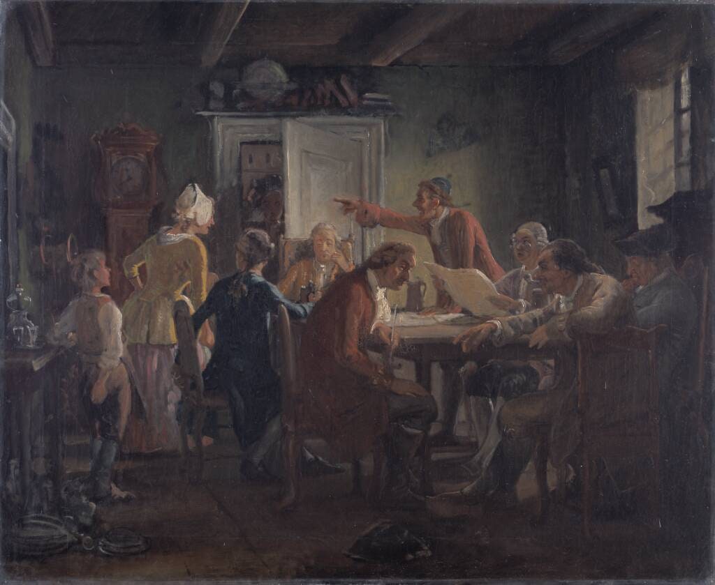 Collegium Politicum. Fra Ludvig Holbergs Den Politiske Kandestøber, 1. Akt, 2.Scene.