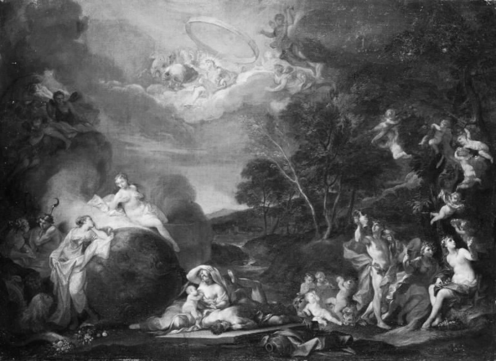 Allegorisk komposition med bl.a. Bacchus, Ceres, Flora og Apollon