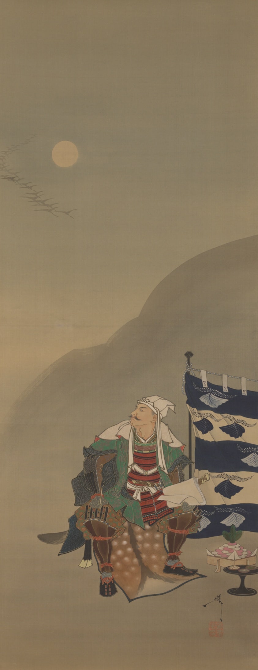 Frost fills the air and the autumn air is still/lines of returning geese cross the moon in the third hour-Kenshin, from the series Twelve Aspects of the Moon