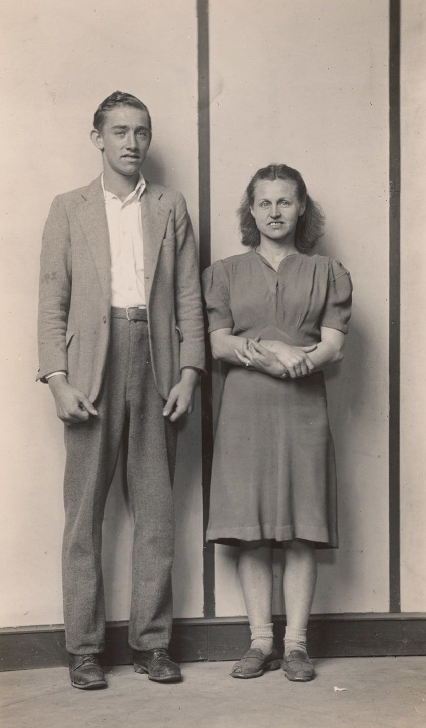 Bessie Utley and Son, Standing, Striped Background