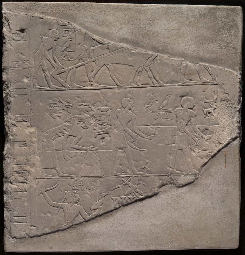 Fragment of a Stela Depicting Plowing, Harvesting, and Fowling