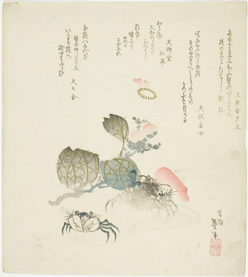 Two crabs by a spray of camellia