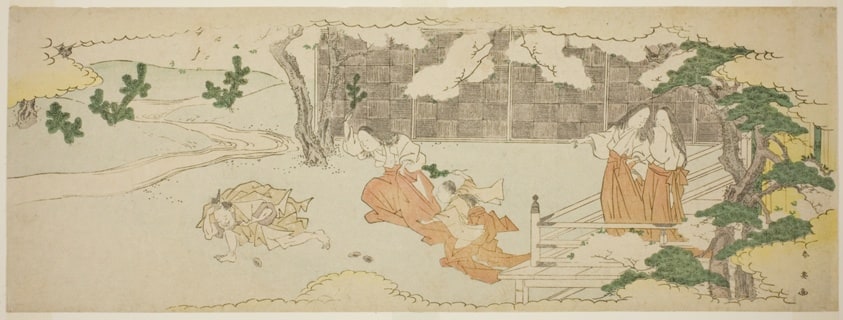 Court Ladies on a Balcony Watching a Woman and a Girl Chasing a Man in the Yard under Blossoming Cherry Trees