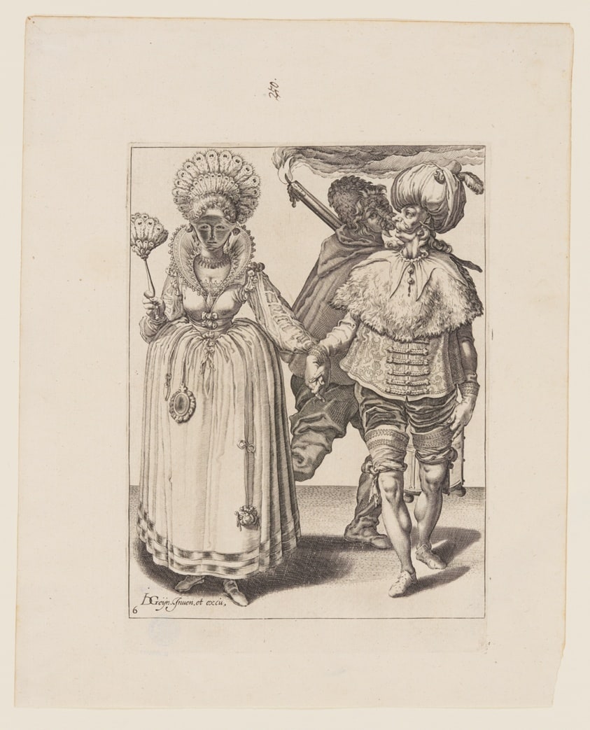 Man with a Turban Leading a Woman who is Wearing Peacock Feathers, behind them a Torchbearer, from The Masquerades