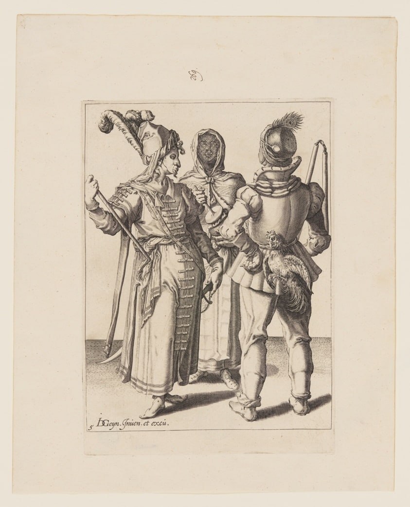 A Grandee in Eastern Dress, a Man with a Cock attached to his Belt and a Veiled Woman Playing the Rumbling-Pot, from The Masquerades