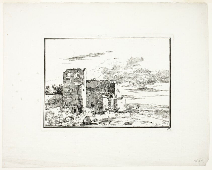 Ruined Buildings near a River Bank, plate 9 from Quatrieme suite de paysages dessinés et grave a l’eau-forte par Moreau (Fourth Series of Landscapes Drawn and Etched by Moreau)