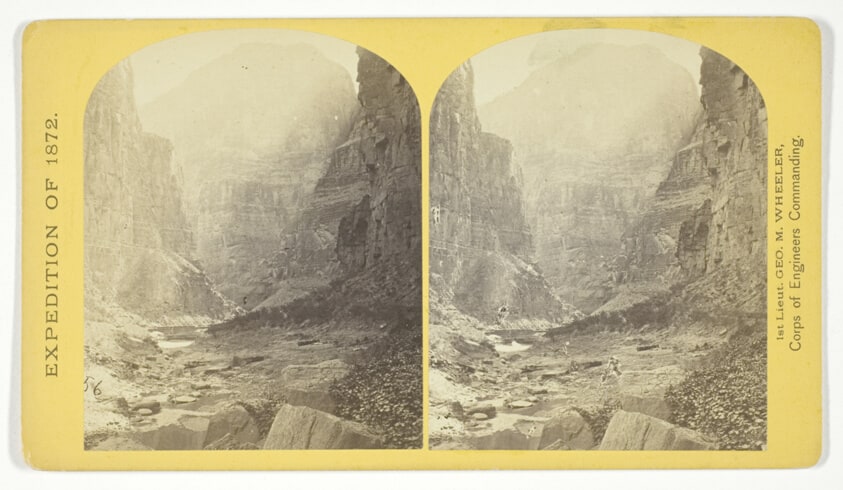 The mouth of Kanab Creek. The beds of the Colorado River and its tributary here lie in gorges cut by the running water to the depth of about 3.500 feet below the general surgace of the country. The highest point seen in the picture is 2.500 feet above the water, and the walls are here too steep to be scaled, No. 10 from the series "Geographical Explorations and Surveys West of the 100th Meridian"
