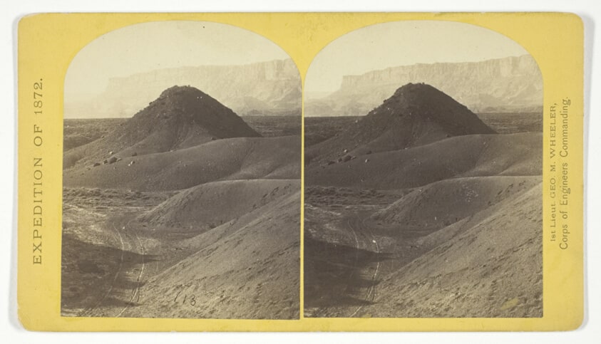 The "Vermillion Cliff," a typical plateau edge, as seen from Jacobs Pool, Arizona. From its top a plateau stretches to the right, and from its base another to the left. Their difference of level is 1.500 feet, and the step is too steep for scaling, No. 15 from the series "Geographical Explorations and Surveys West of the 100th Meridian"