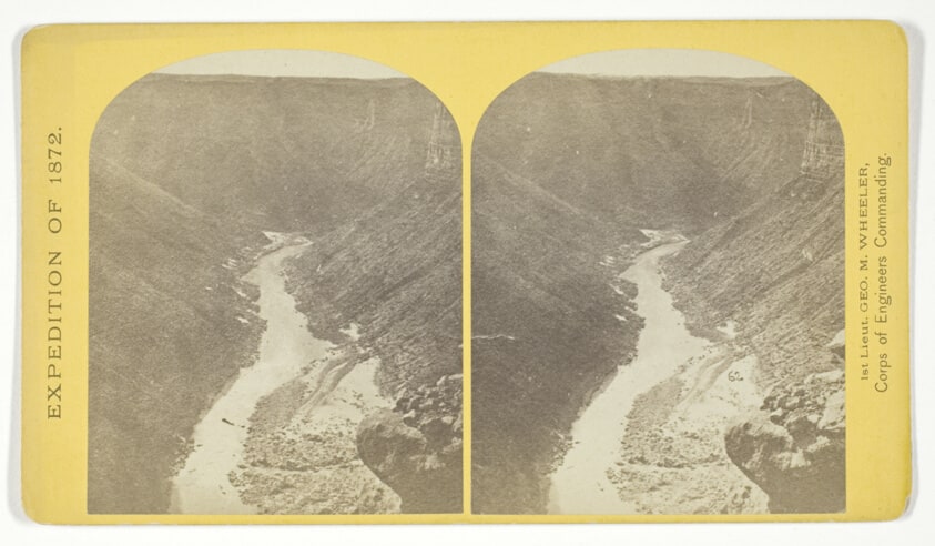Marble Cañon, one of the gorges of the Colorado here, 1.200 feet deep. The steep cliff is gray limestone and the slope below a brilliant red sandstone, No. 13 from the series "Geographical Explorations and Surveys West of the 100th Meridian"