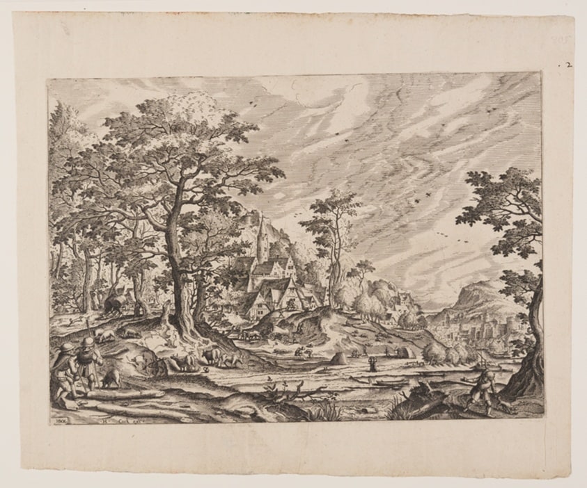 View of a Village, a Man Carrying a Wheelbarrow, plate 8 from Landscapes with Views of Villages
