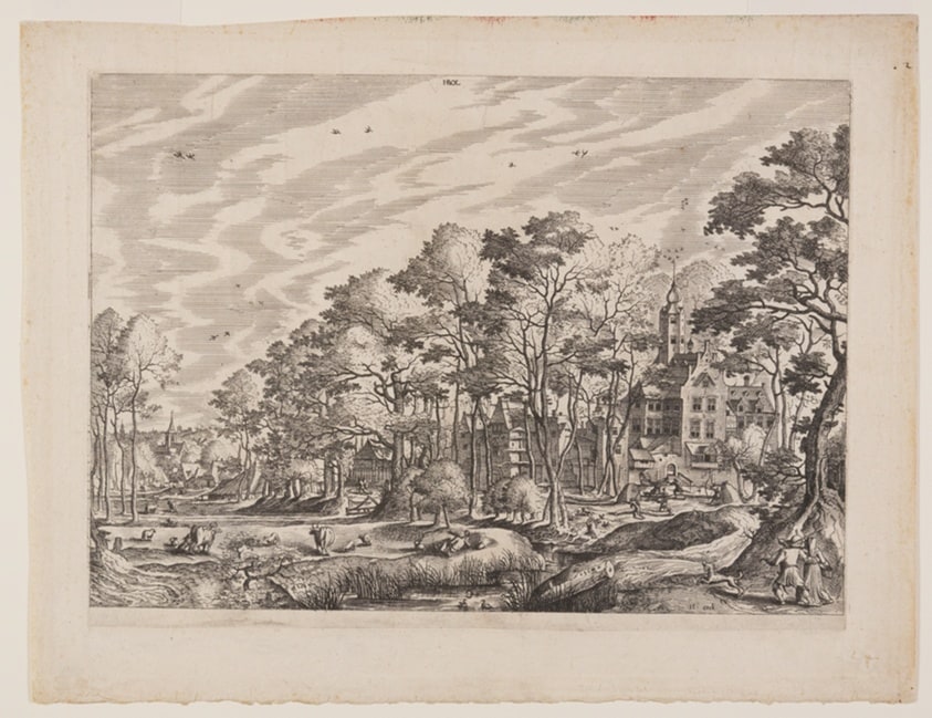 View of a Village with a Castle to the Right, plate 1 from Landscapes with Views of Villages