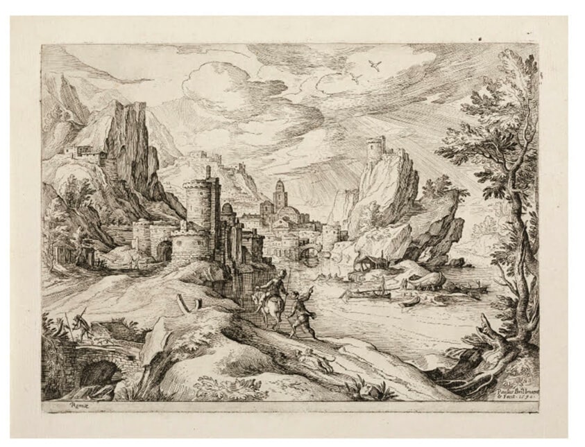 Mountain Landscape with a River, Travelers, and a City