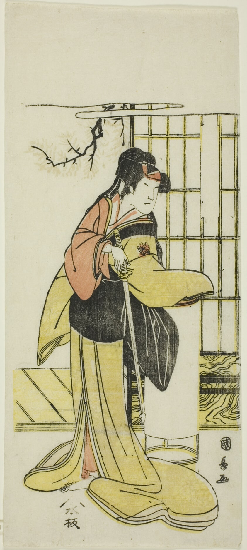 Actor as a woman beside Andon holding sword