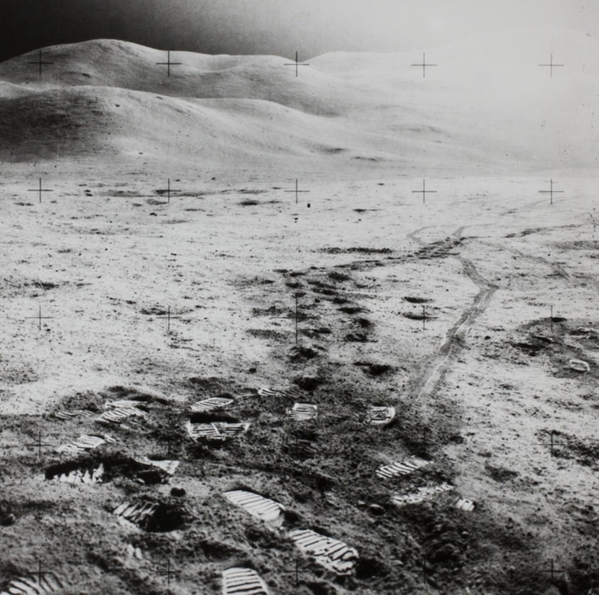 Untitled (Landscape to Horizon, with Multiple Footprints and Lunar Roving Vehicle Tracks)
