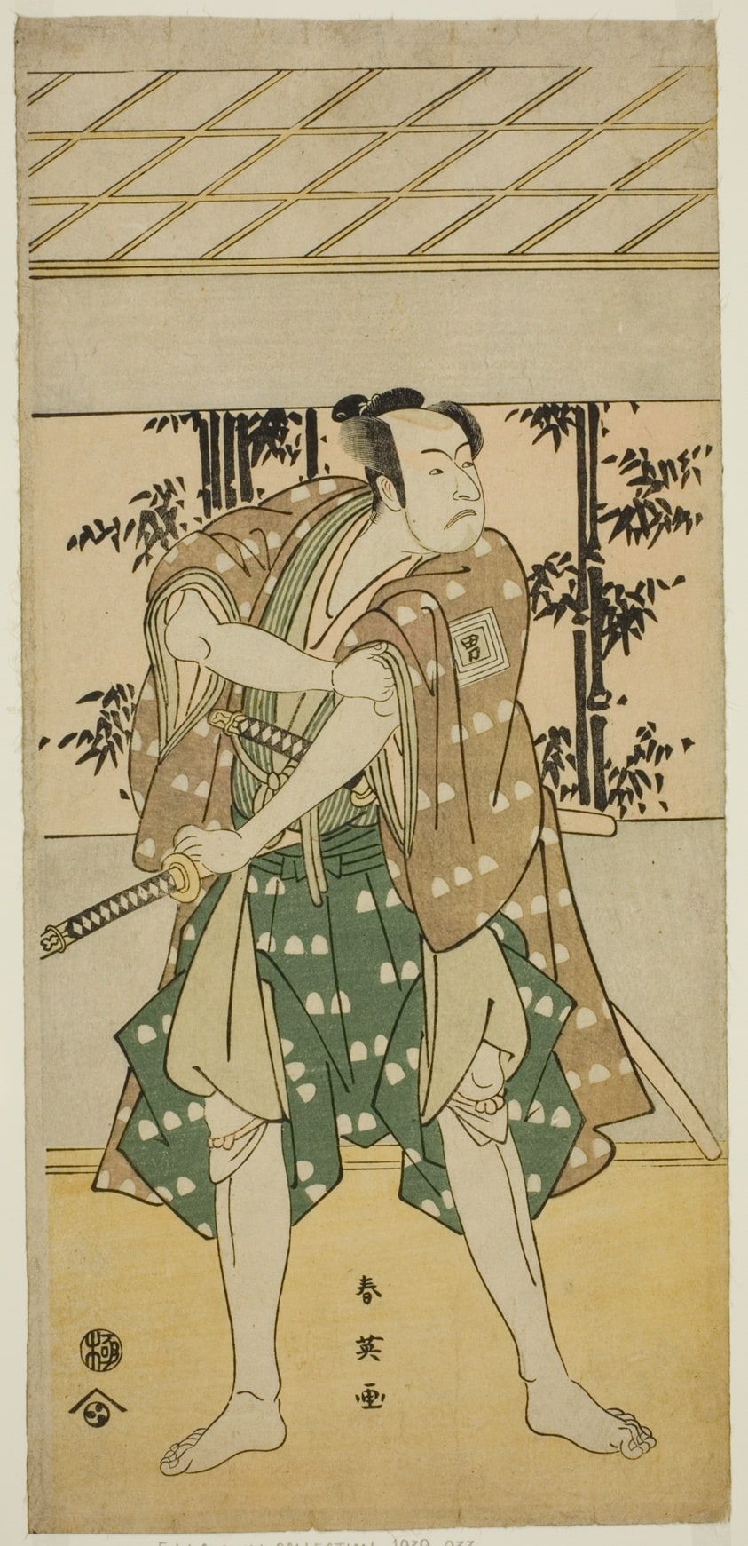 The Actor Ichikawa Omezo I as the Boatman Takihei (?) in the Play Ofunamori Ebi no Kaomise (?), Performed at the Kawarazaki Theater (?) in the Eleventh Month, 1792 (?)