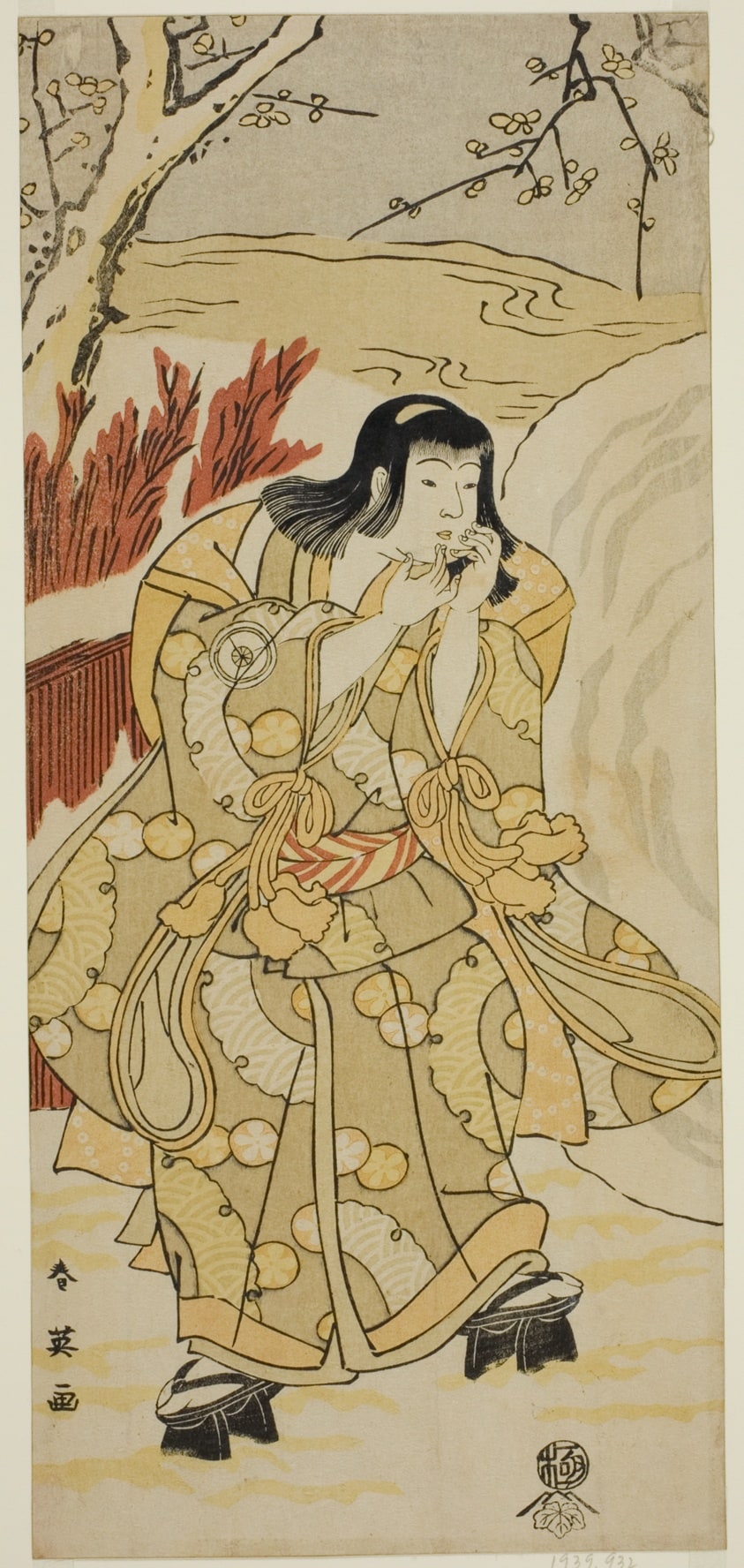 The Actor Iwai Hanshiro IV as a Boy Blowing on His Hands beside a Large Snowball, in the Play Nigiwai Genji Hana Saku Kado, Performed at the Kawarazaki Theater in the Eleventh Month, 1793