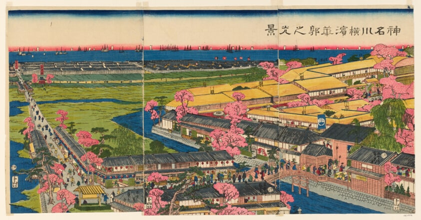Panoramic View of the Pleasure Quarters in Yokohama, Kanagawa (Kanagawa Yokohama hanakuruwa no kokei)