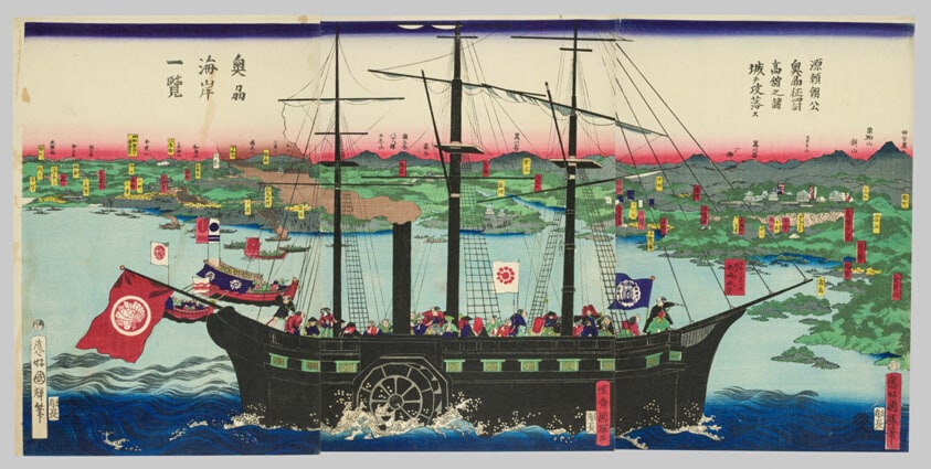 Lord Minamoto Yoritomo Captures Takadate Castle in His Conquest of Mutsu Province (Minamoto Yoritomo ko Oshu seibatsu Takadachi no shojo o koraku su), and View of the Coast of Mutsu Province (Oshu kaigan ichiran)