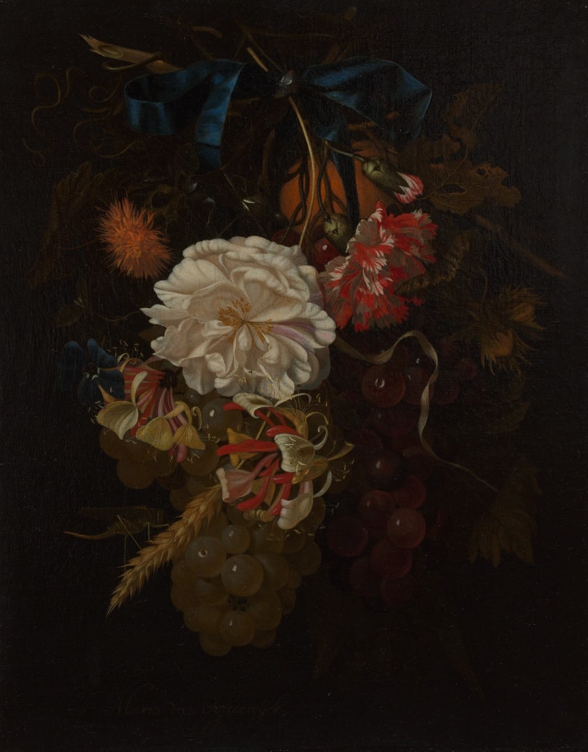 Bouquet of Flowers and Fruit with Blue Ribbon