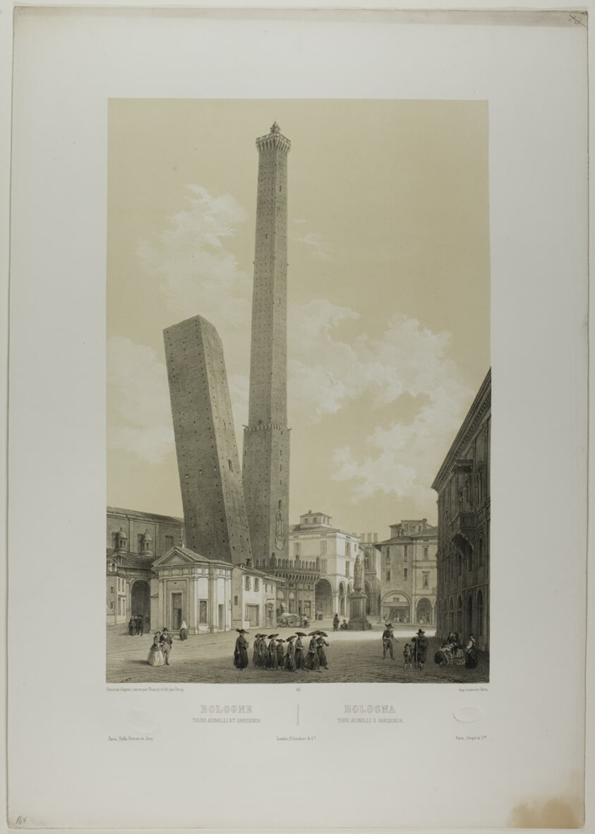 Bologna: The Asinelli and Garisenda towers, plate 40 from Italie Monumentale et Pittoresque