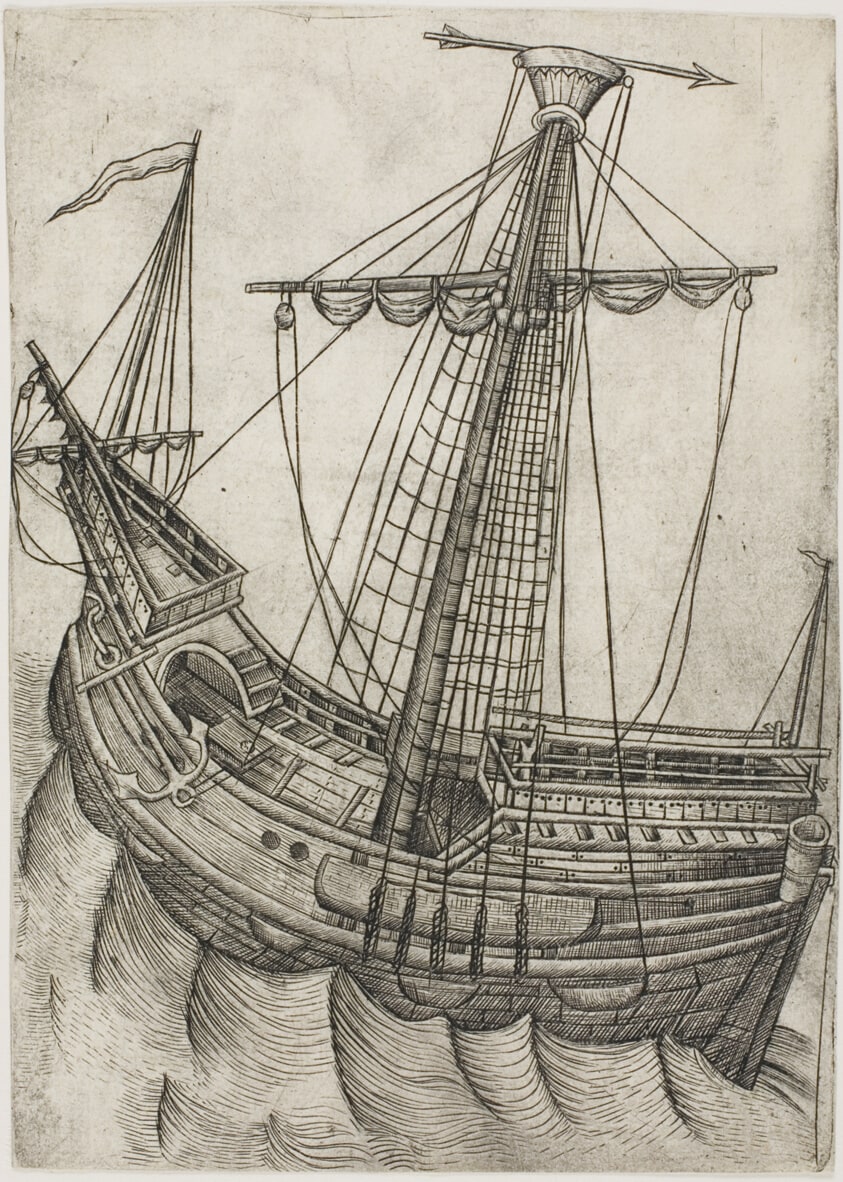 Ship with Sails Furled and Arrow Pointing to the Right