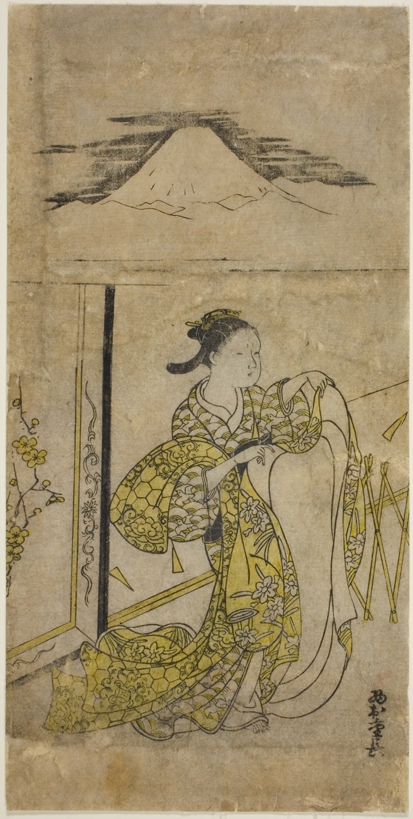 Woman Holding Kimono with Mt. Fuji above
