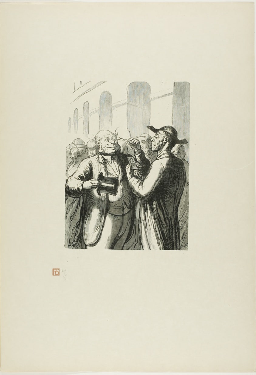 At the Universal Exhibition: Security check at the entrance: the bald need to lift their hats, and the the short-sighted need to remove their glasses