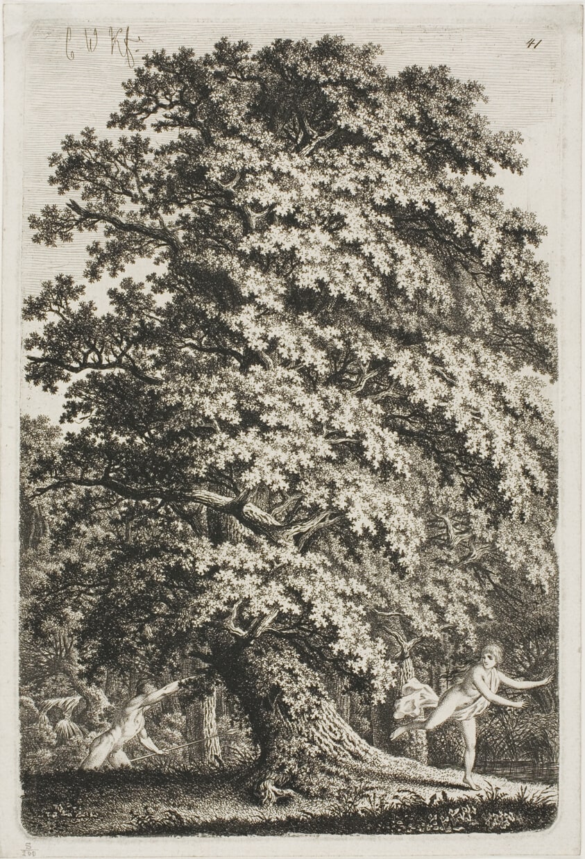 Woman Fleeing from a Man Holding a Lance in the Forest
