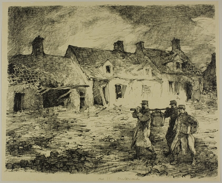 Three French Infantrymen Carrying Supplies through a Bombed Town