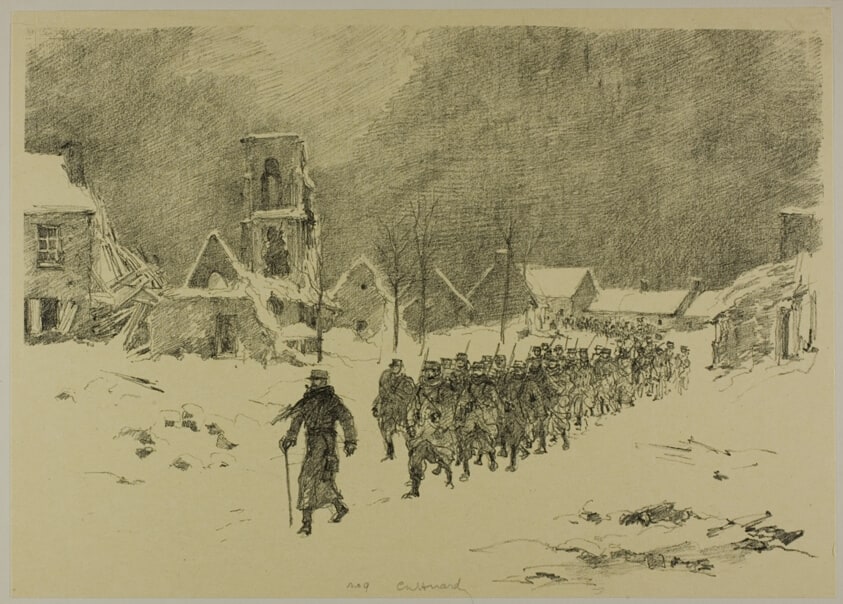 French Infantry Regiment Marching through Snow-covered Town