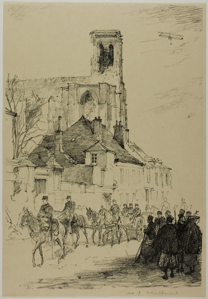 Procession of Mounted French Officers though a Bomb-damaged Town