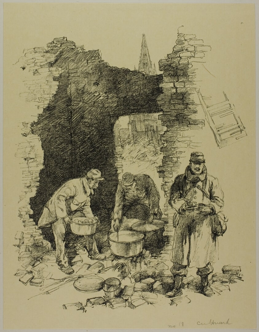 French Soldiers Cooking amid the Ruins of a Building