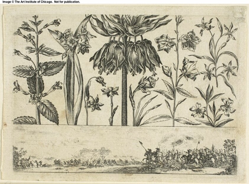 Flowers and Battle Scene, from Livre Nouveau de Fleurs...